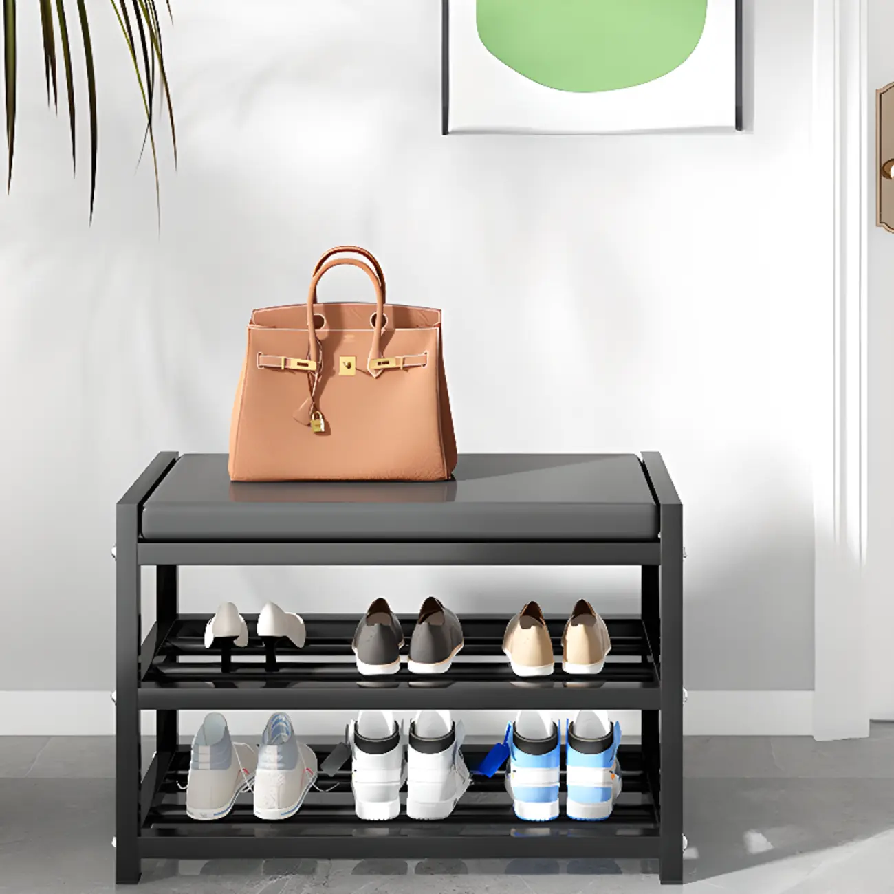 Entryway Black Metal Shoe Storage Bench with Cushion Image - 8 | homeyfad