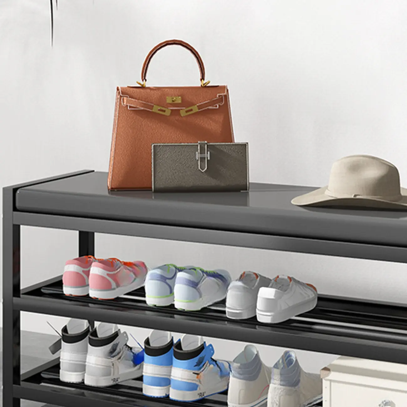 Entryway Black Metal Shoe Storage Bench with Cushion Image - 10 | homeyfad