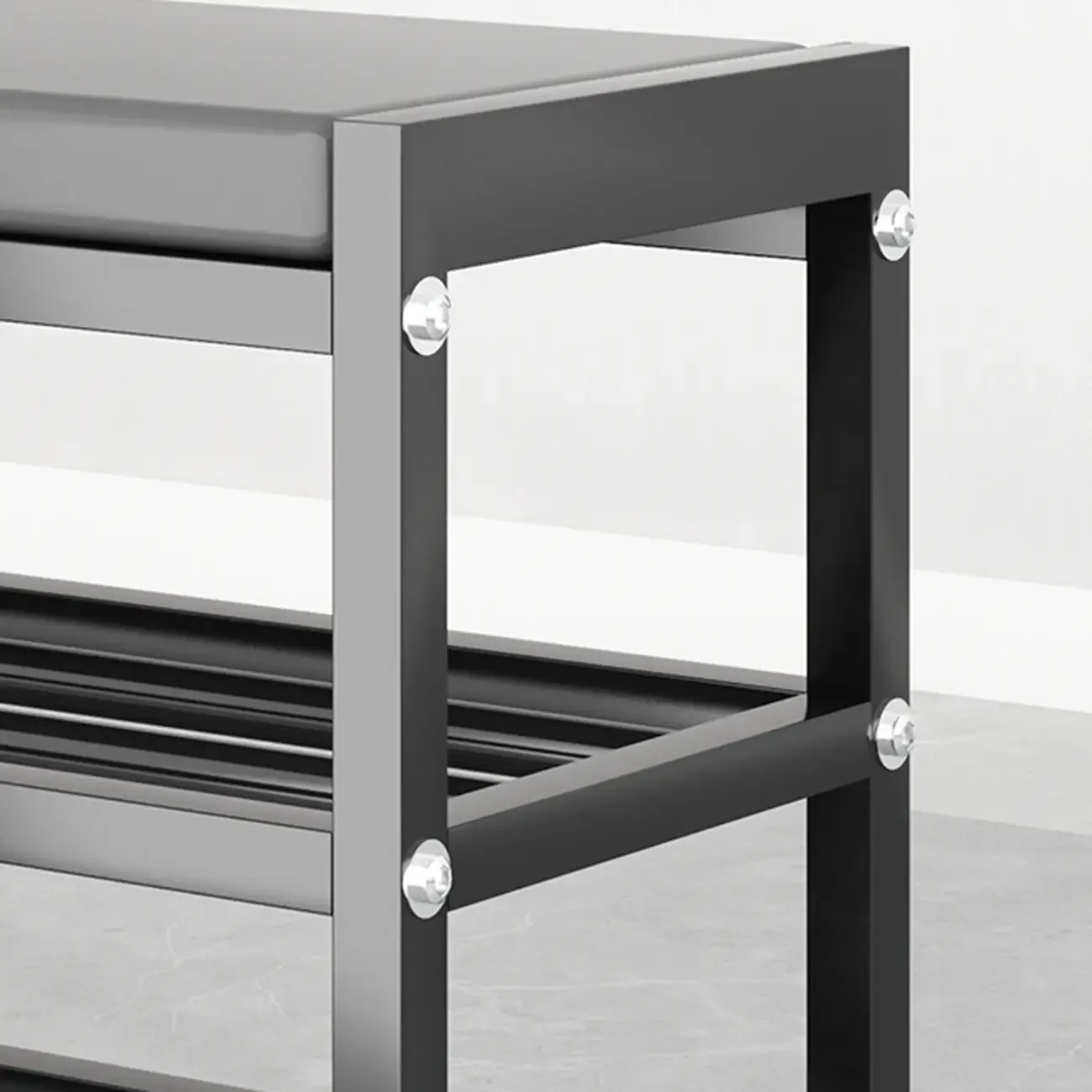 Entryway Black Metal Shoe Storage Bench with Cushion Image - 12