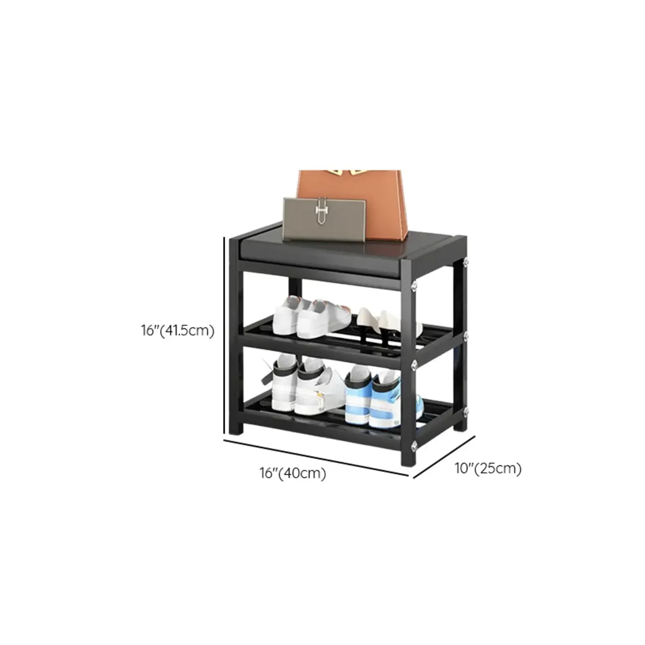 Entryway Black Metal Shoe Storage Bench with Cushion #size