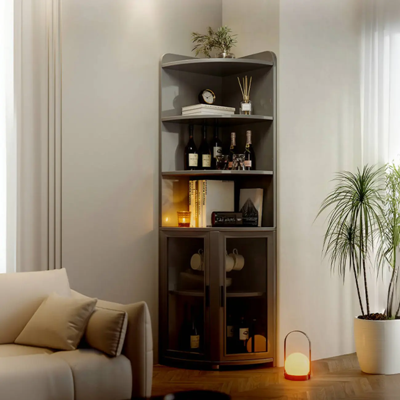 71“ Tall Modern Gray Wooden Corner Bar Cabinet 5-tier Image - 1 | homeyfad