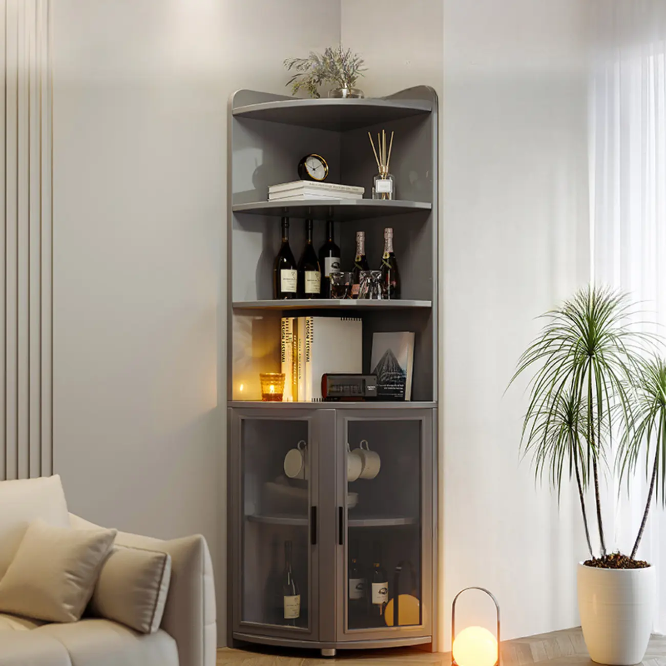 71“ Tall Modern Gray Wooden Corner Bar Cabinet 5-tier Image - 2 | homeyfad