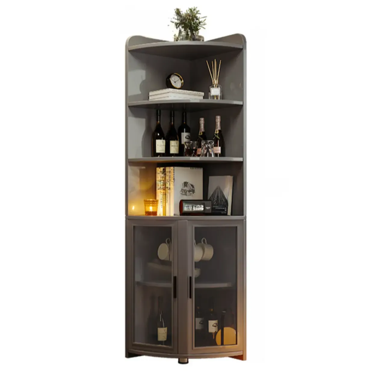 71“ Tall Modern Gray Wooden Corner Bar Cabinet 5-tier Image - 3
