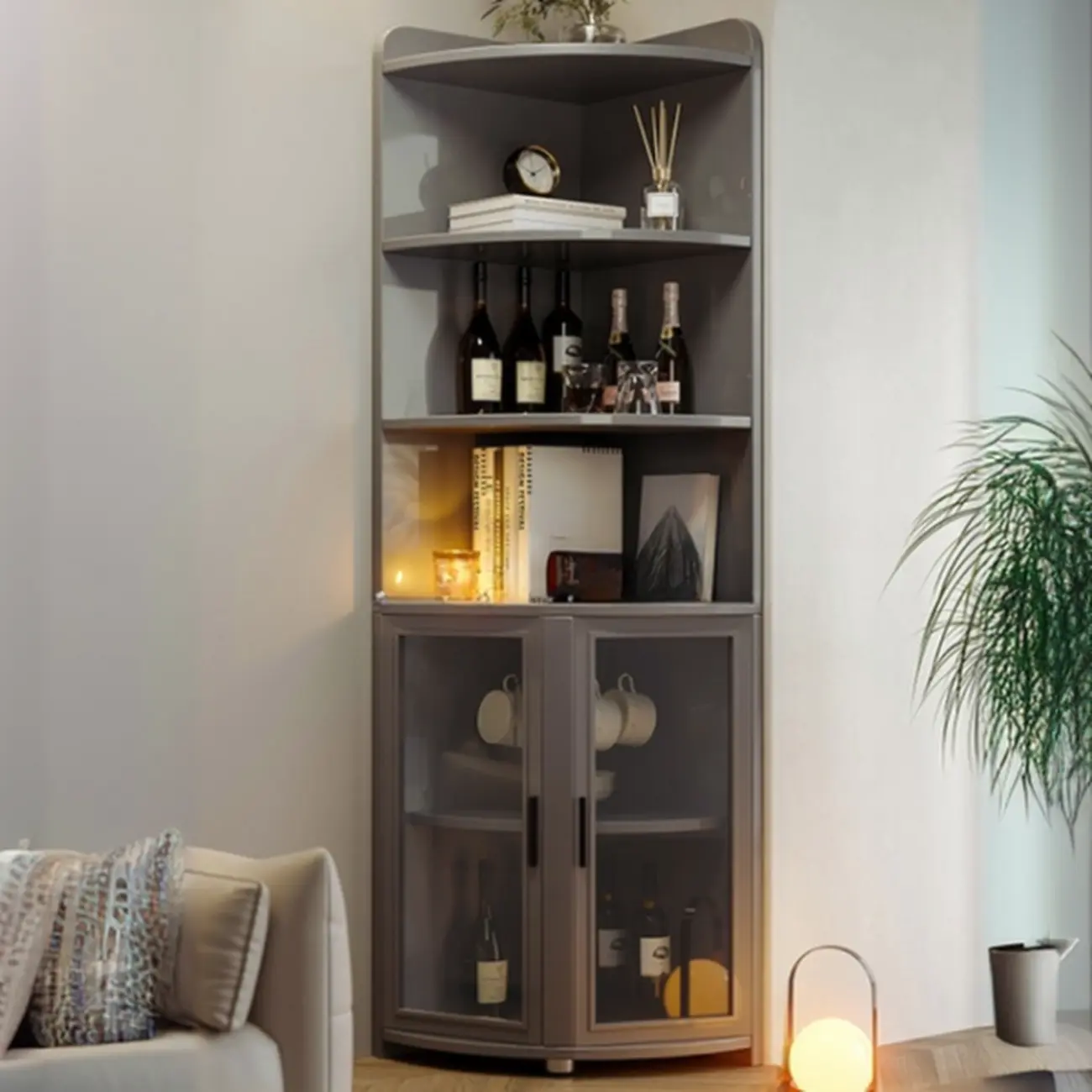 71“ Tall Modern Gray Wooden Corner Bar Cabinet 5-tier Image - 4 | homeyfad