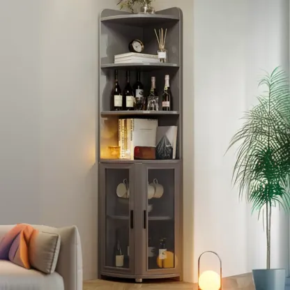 71“ Tall Modern Gray Wooden Corner Bar Cabinet 5-tier Image - 5