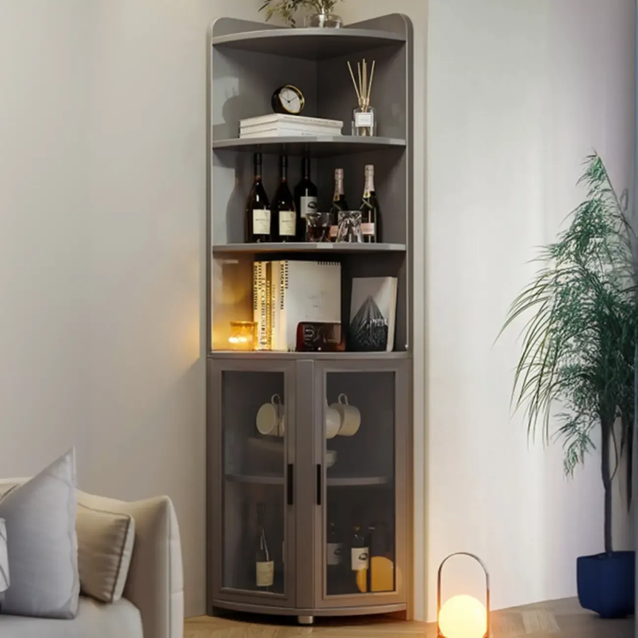 71“ Tall Modern Gray Wooden Corner Bar Cabinet 5-tier Image - 6