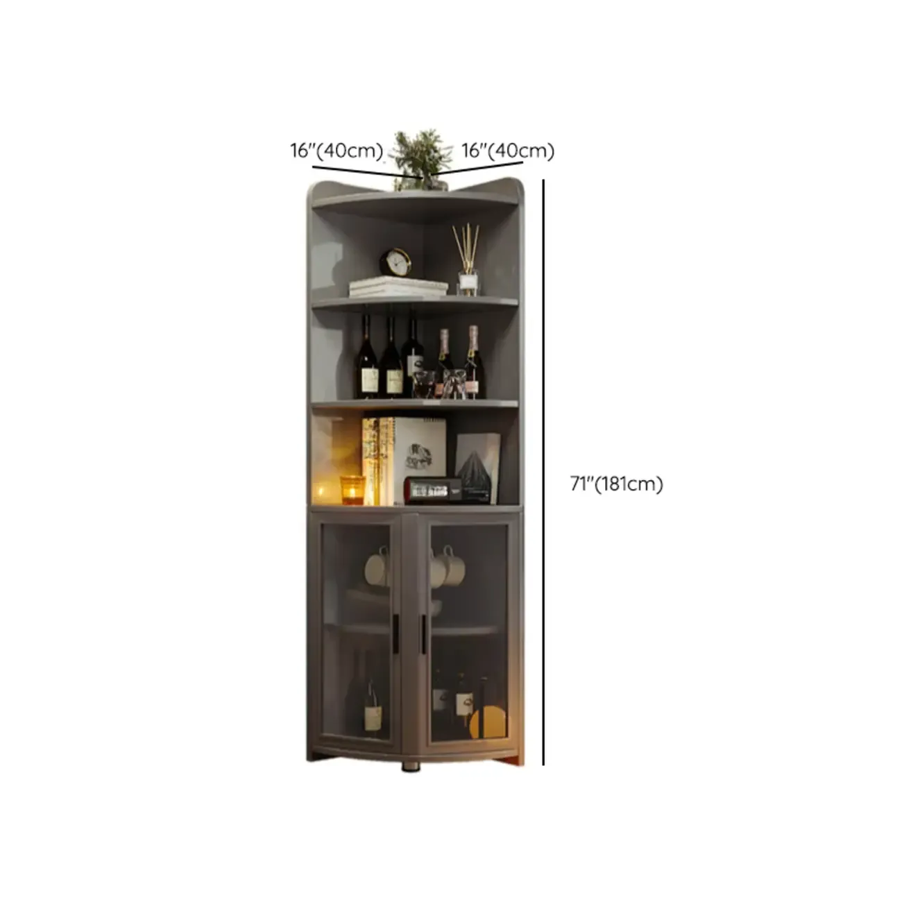 71“ Tall Modern Gray Wooden Corner Bar Cabinet 5-tier Image - 15