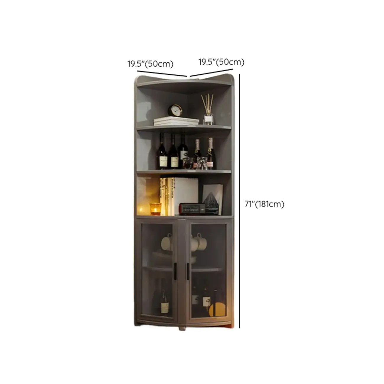 71“ Tall Modern Gray Wooden Corner Bar Cabinet 5-tier Image - 16 | homeyfad