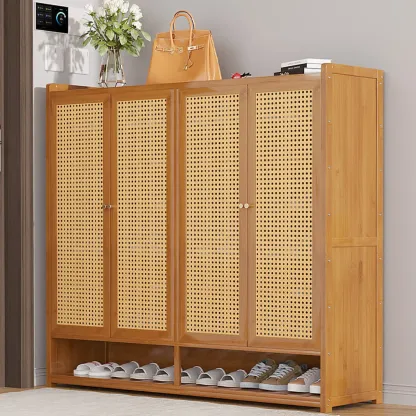 Bohemian Bamboo Entryway Shoe Cabinet with Rattan Doors Image - 1