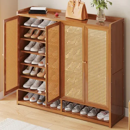 Bohemian Bamboo Entryway Shoe Cabinet with Rattan Doors Image - 2
