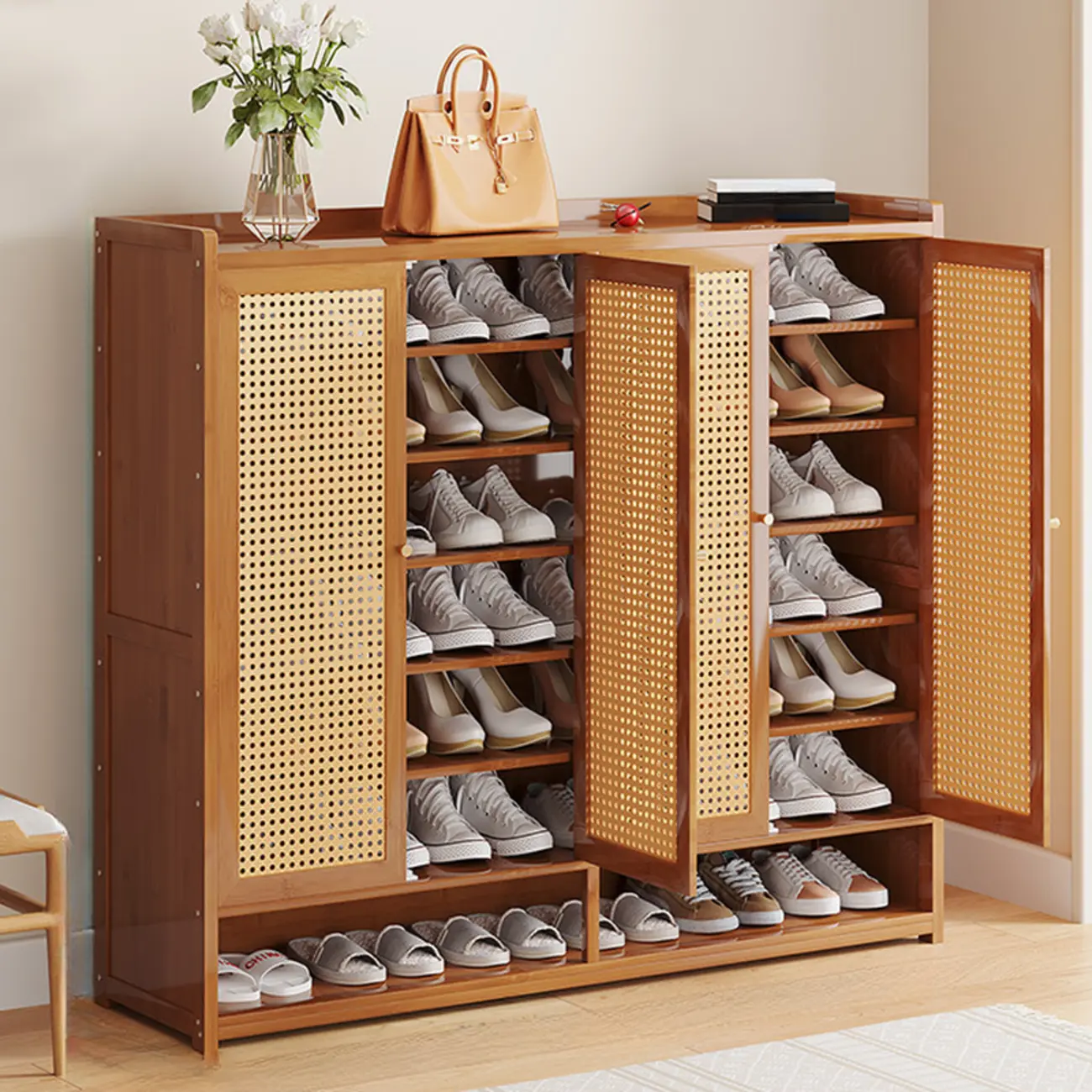 Bohemian Bamboo Entryway Shoe Cabinet with Rattan Doors Image - 3 | homeyfad