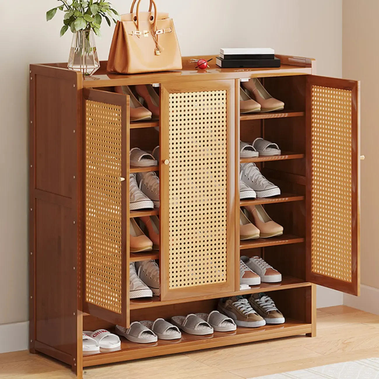 Bohemian Bamboo Entryway Shoe Cabinet with Rattan Doors Image - 4