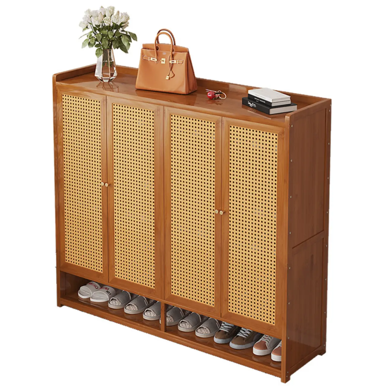 Bohemian Bamboo Entryway Shoe Cabinet with Rattan Doors Image - 5 | homeyfad
