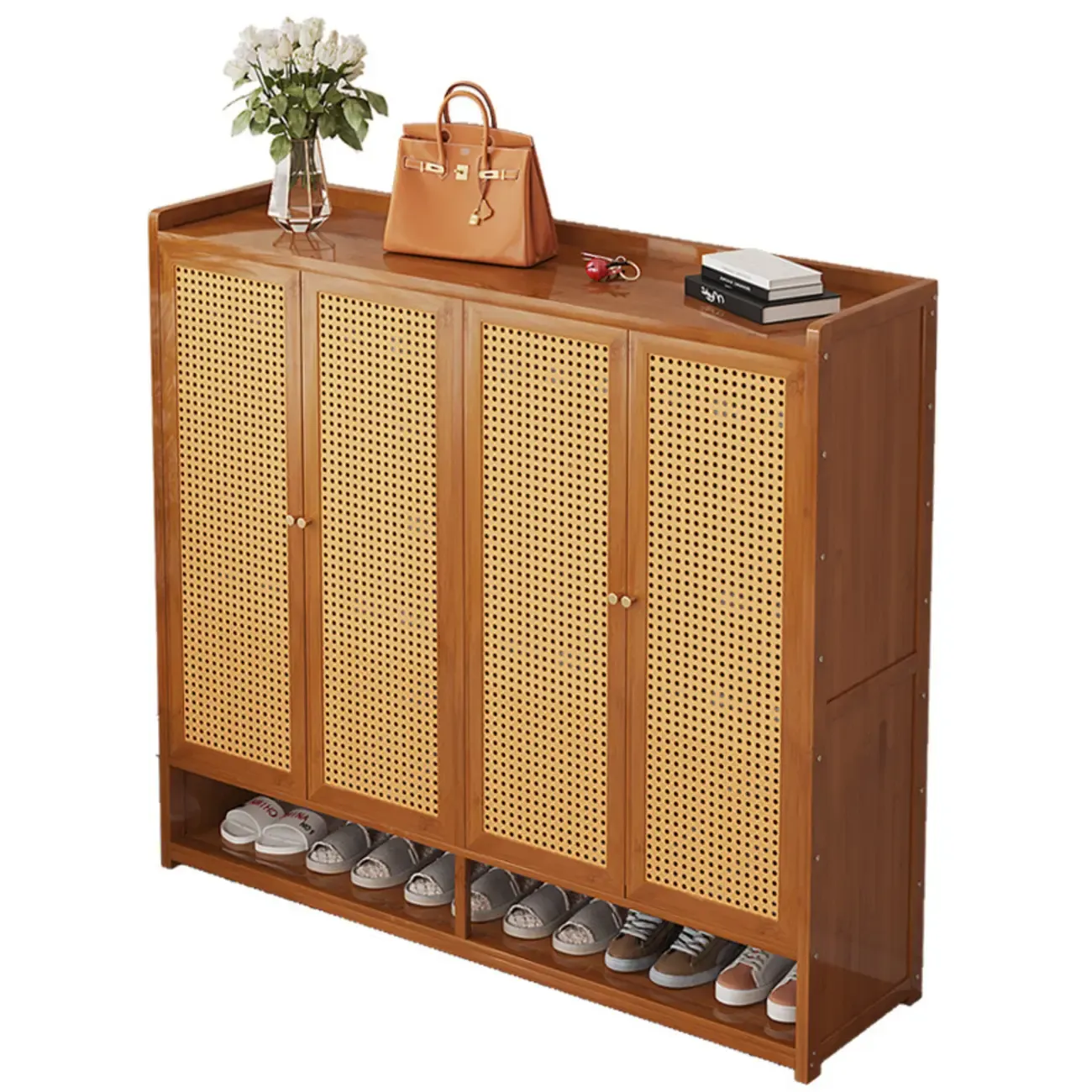 Bohemian Bamboo Entryway Shoe Cabinet with Rattan Doors Image - 5