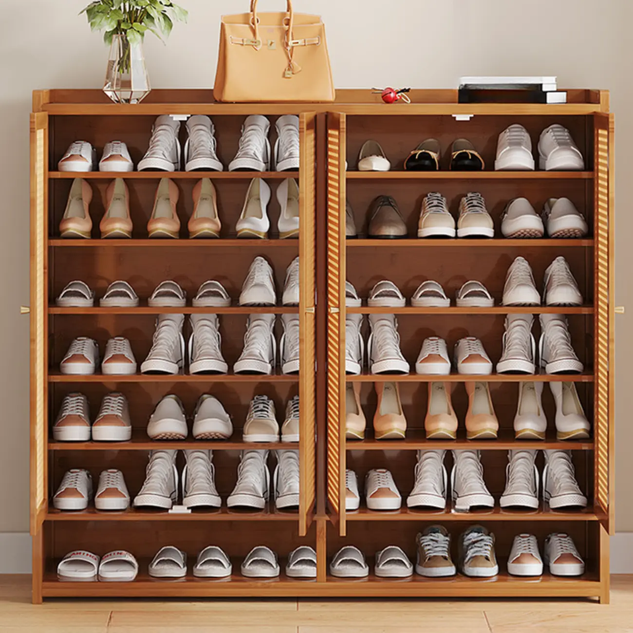 Bohemian Bamboo Entryway Shoe Cabinet with Rattan Doors Image - 9 | homeyfad