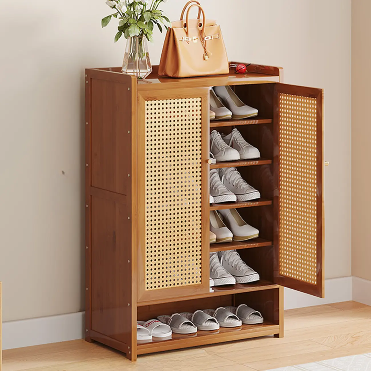 Bohemian Bamboo Entryway Shoe Cabinet with Rattan Doors Image - 10 | homeyfad