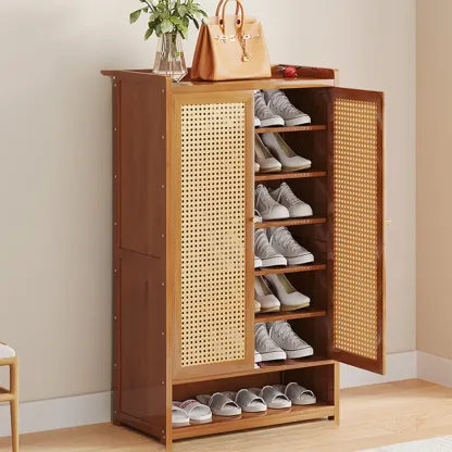 Bohemian Bamboo Entryway Shoe Cabinet with Rattan Doors Image - 11