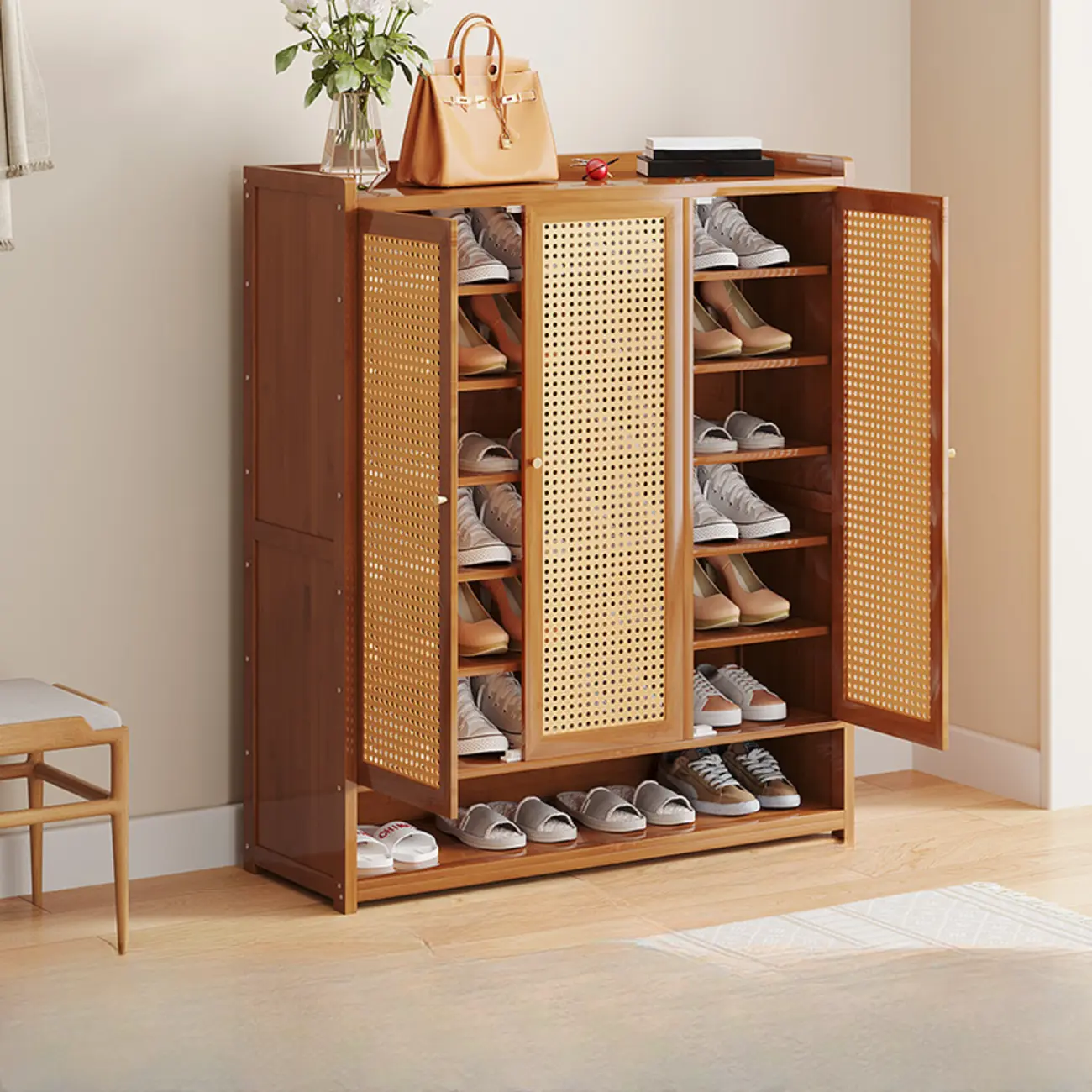 Bohemian Bamboo Entryway Shoe Cabinet with Rattan Doors Image - 12 | homeyfad