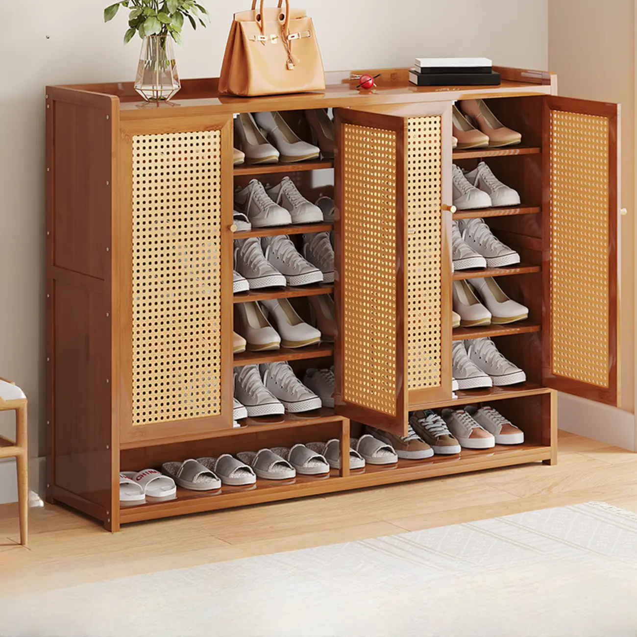 Bohemian Bamboo Entryway Shoe Cabinet with Rattan Doors Image - 13 | homeyfad