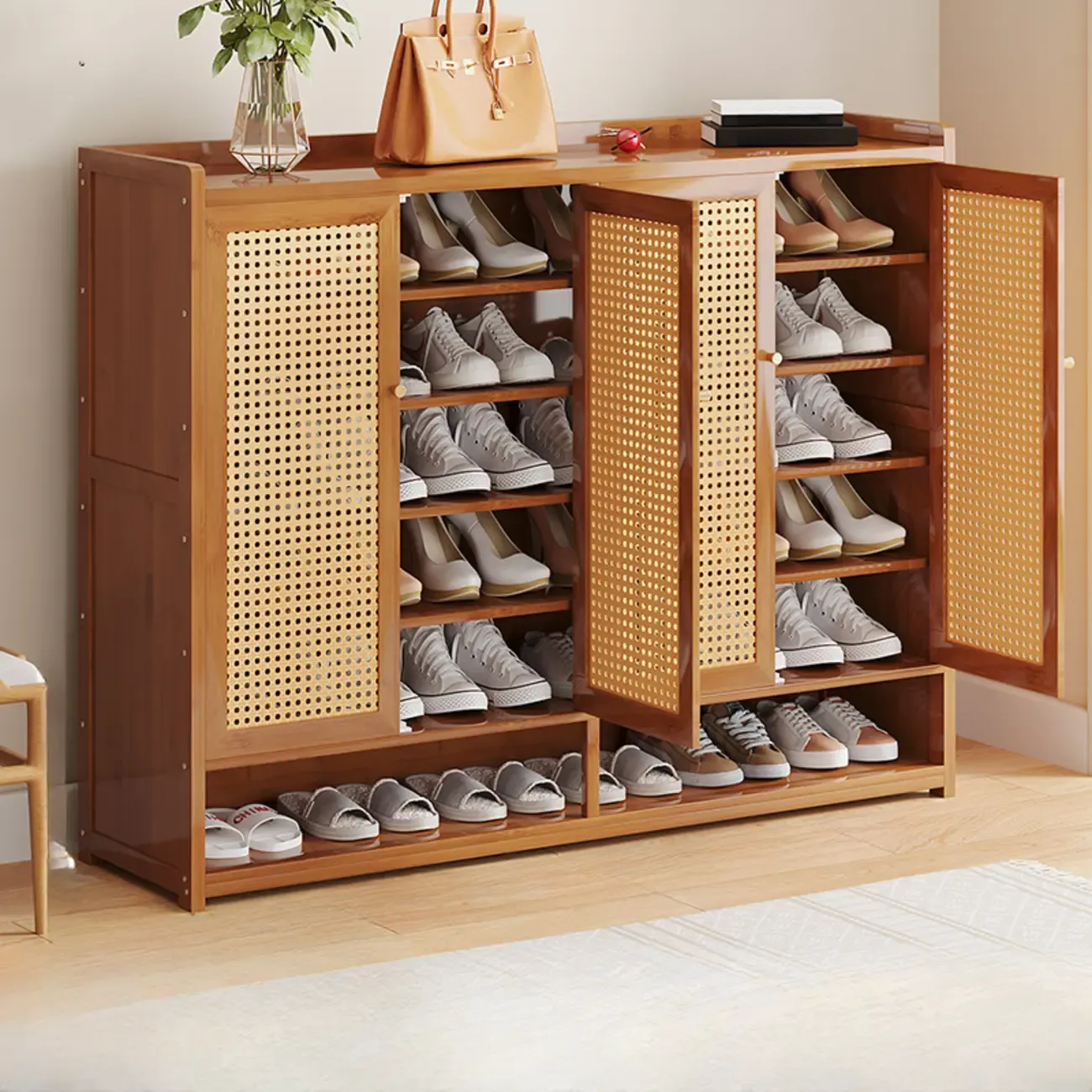 Bohemian Bamboo Entryway Shoe Cabinet with Rattan Doors Image - 13