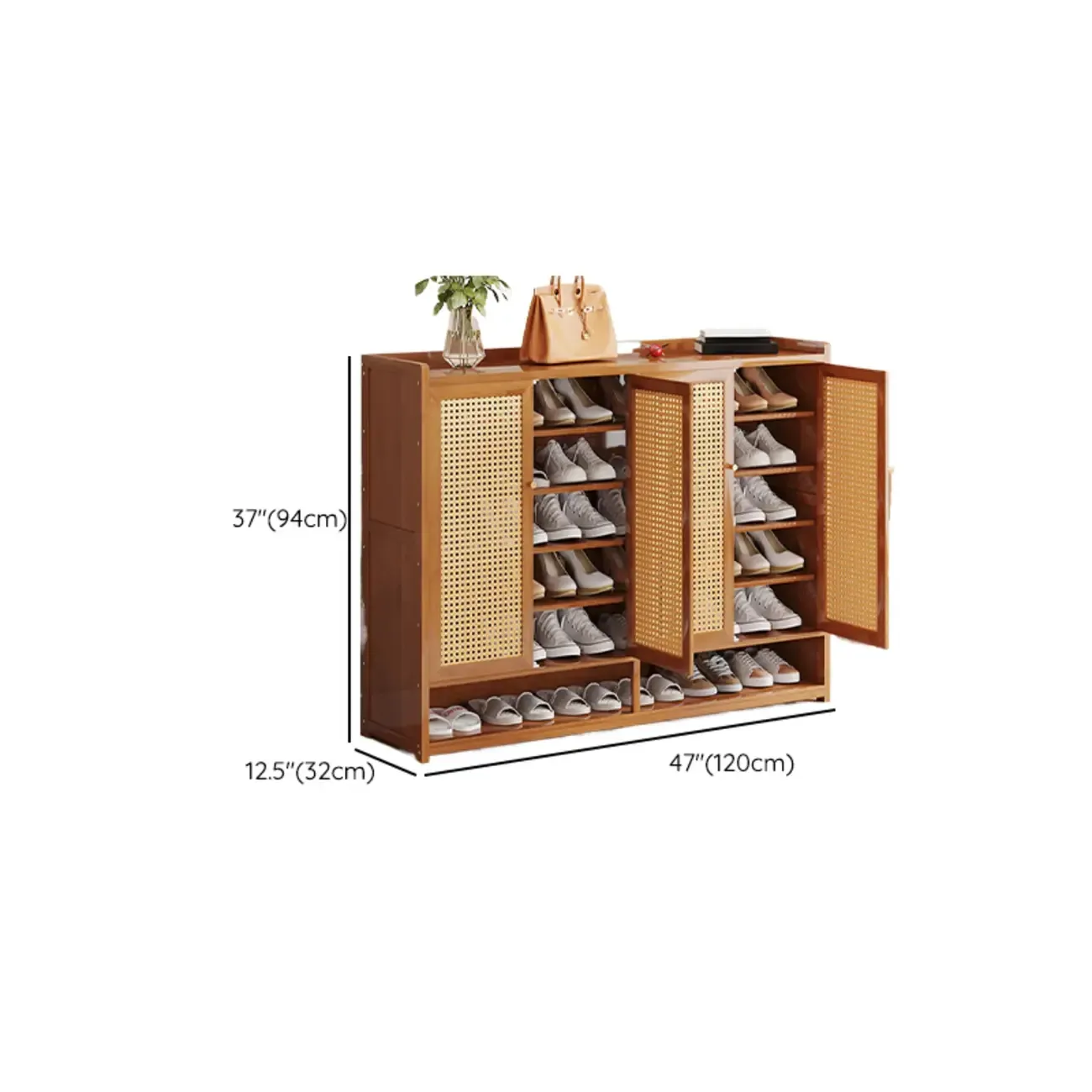 Bohemian Bamboo Entryway Shoe Cabinet with Rattan Doors Image - 19