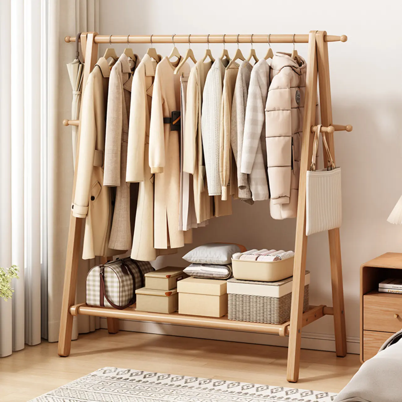 A-Shaped Beech Wood Hall Tree with Shelf and Hooks Image - 2 | homeyfad