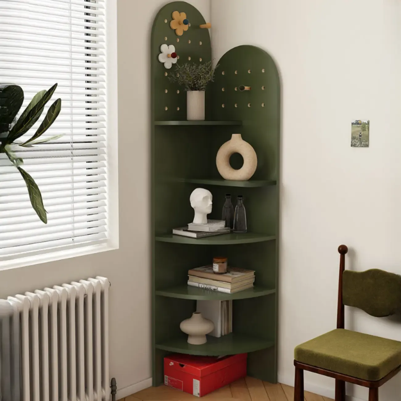 Avocado Green Wood Corner Storage Art Display Cabinet Image - 1