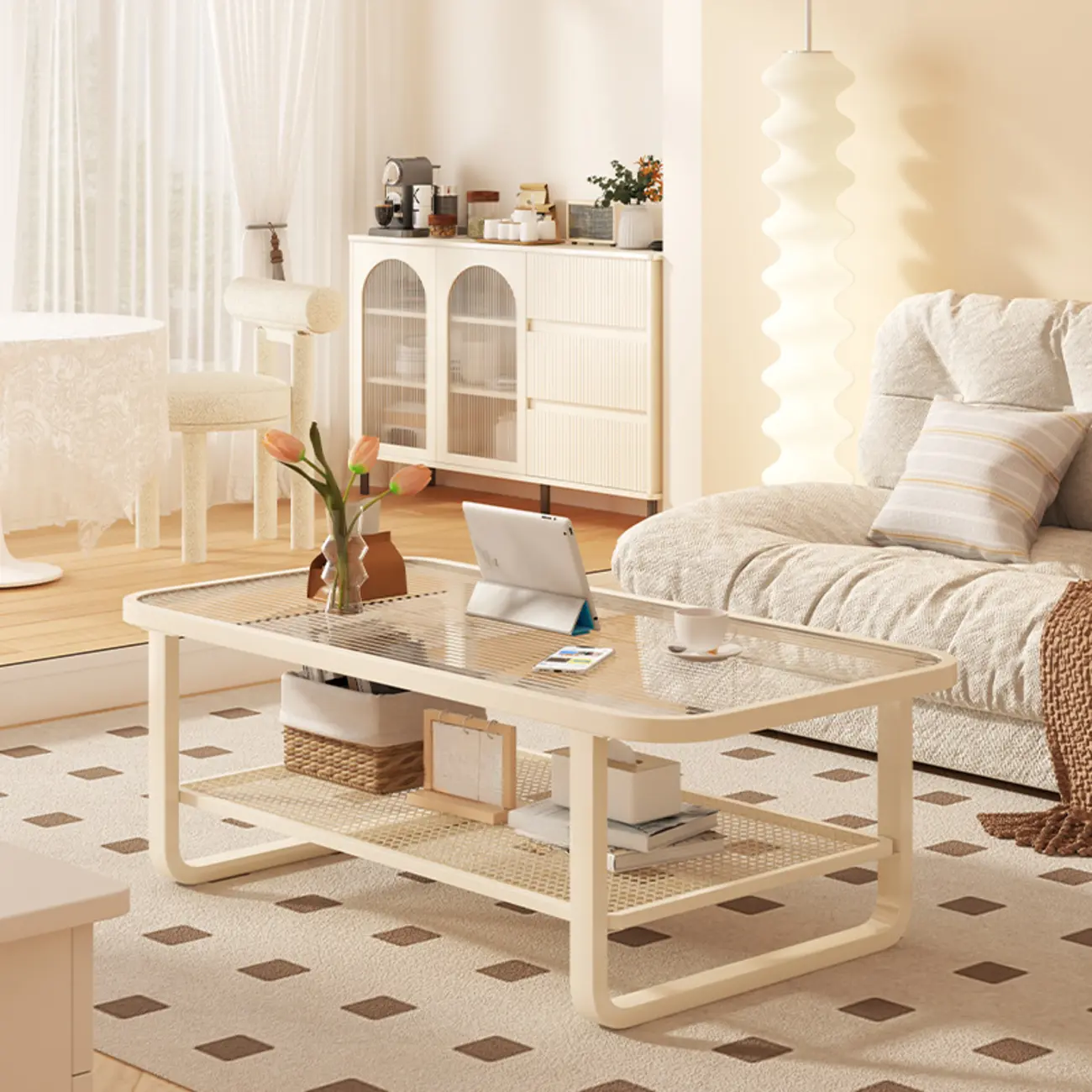 Modern White Rectangle Glass Coffee Table with Shelf Image - 1 | homeyfad