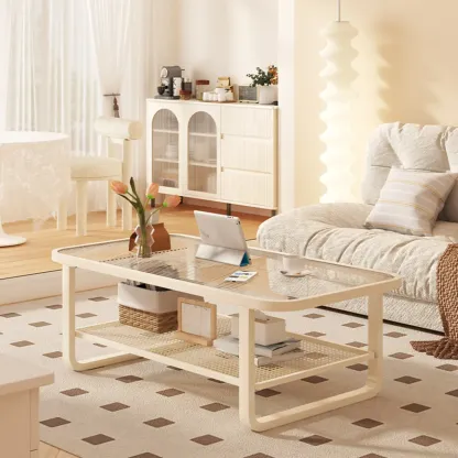 Modern White Rectangle Glass Coffee Table with Shelf Image - 1