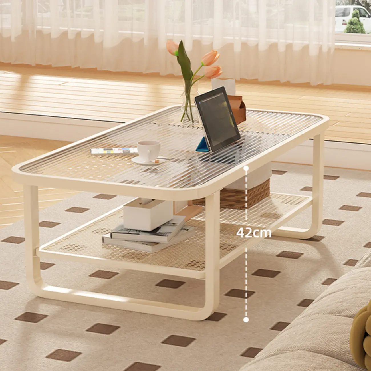 Modern White Rectangle Glass Coffee Table with Shelf Image - 2 | homeyfad