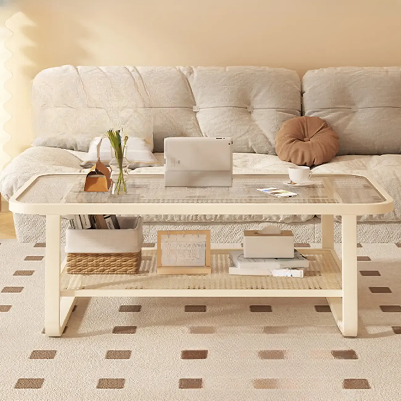 Modern White Rectangle Glass Coffee Table with Shelf Image - 3