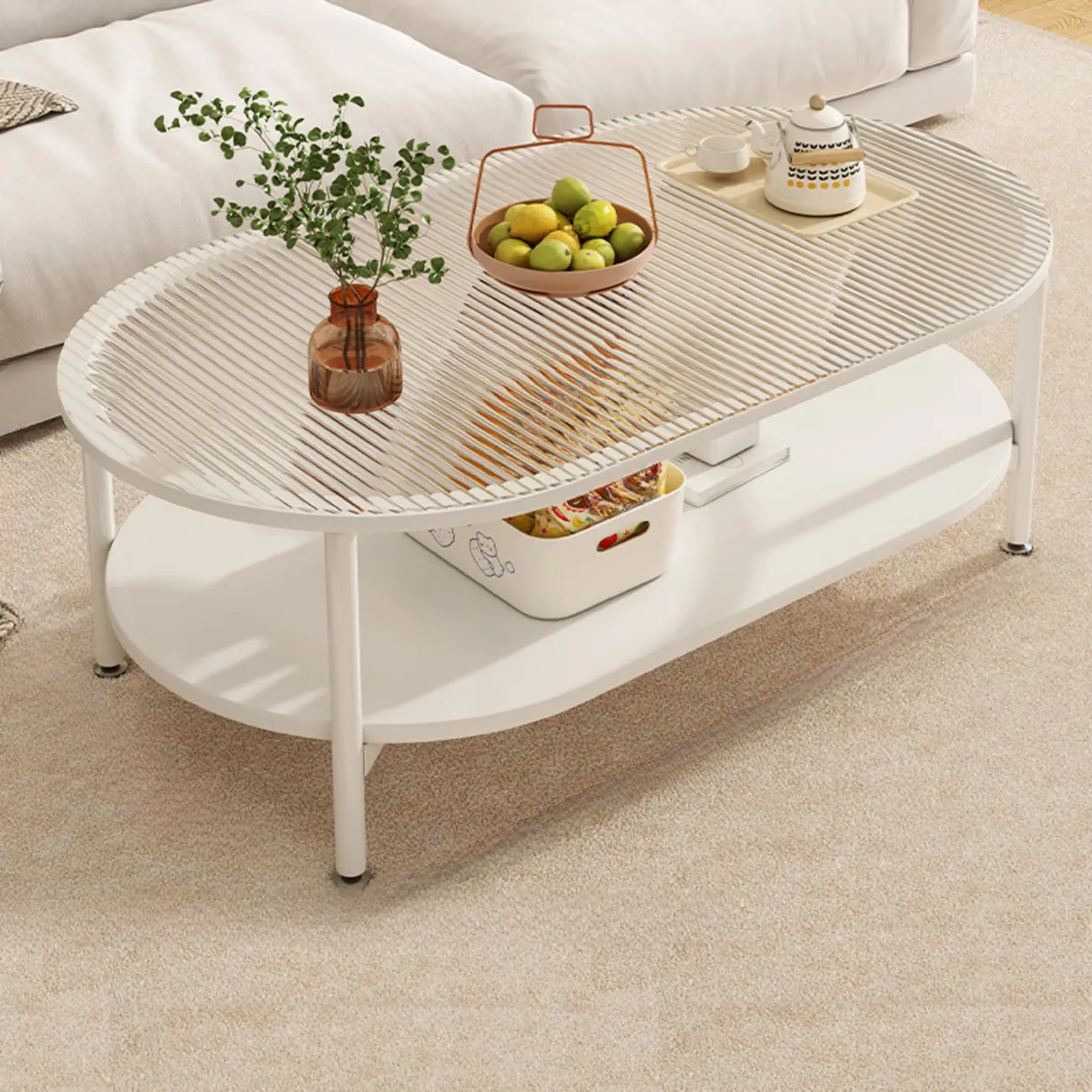 Modern White Rectangle Glass Coffee Table with Shelf Image - 5 | homeyfad