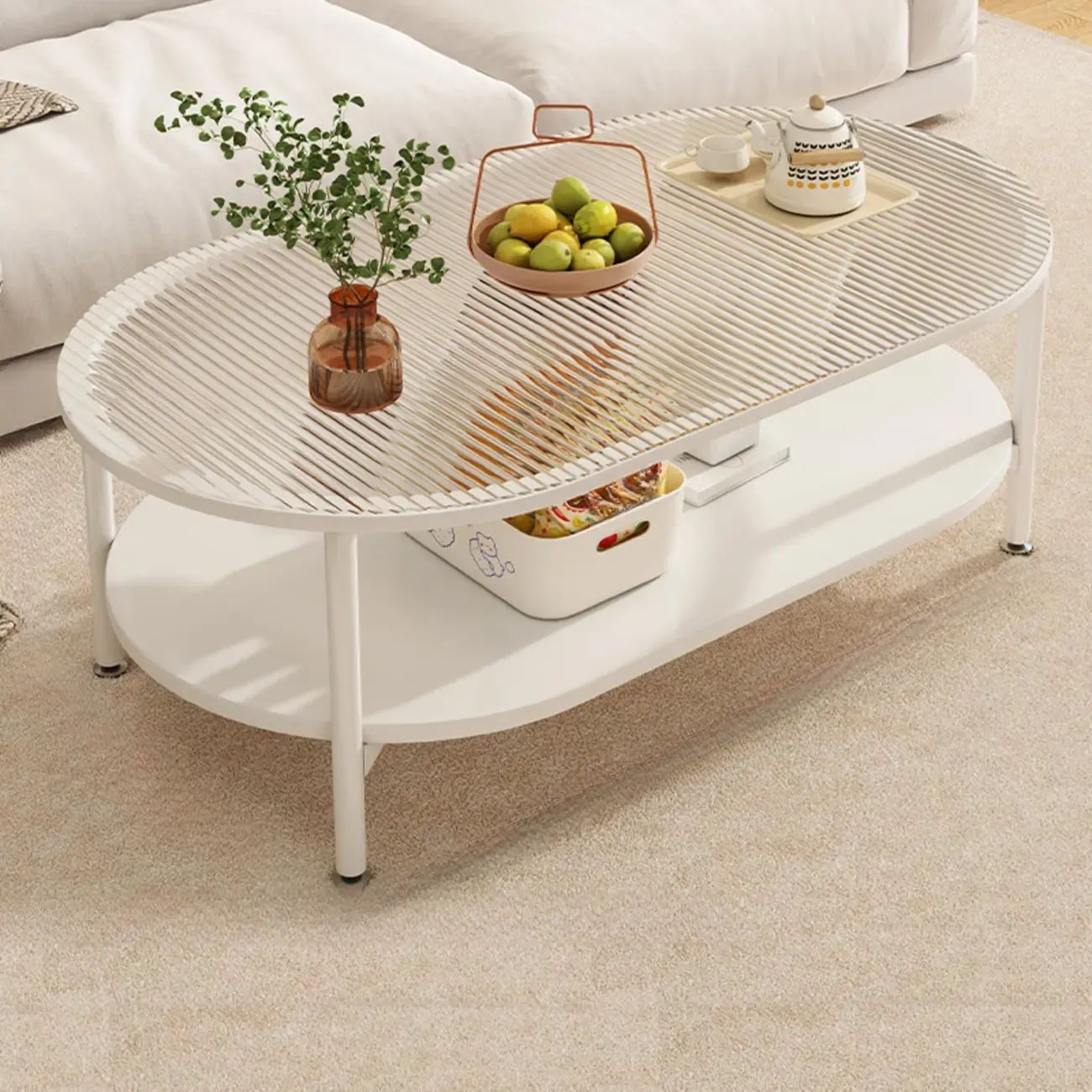 Modern White Rectangle Glass Coffee Table with Shelf Image - 5