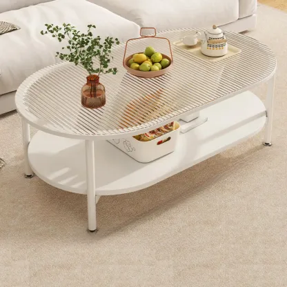 Modern White Rectangle Glass Coffee Table with Shelf Image - 5
