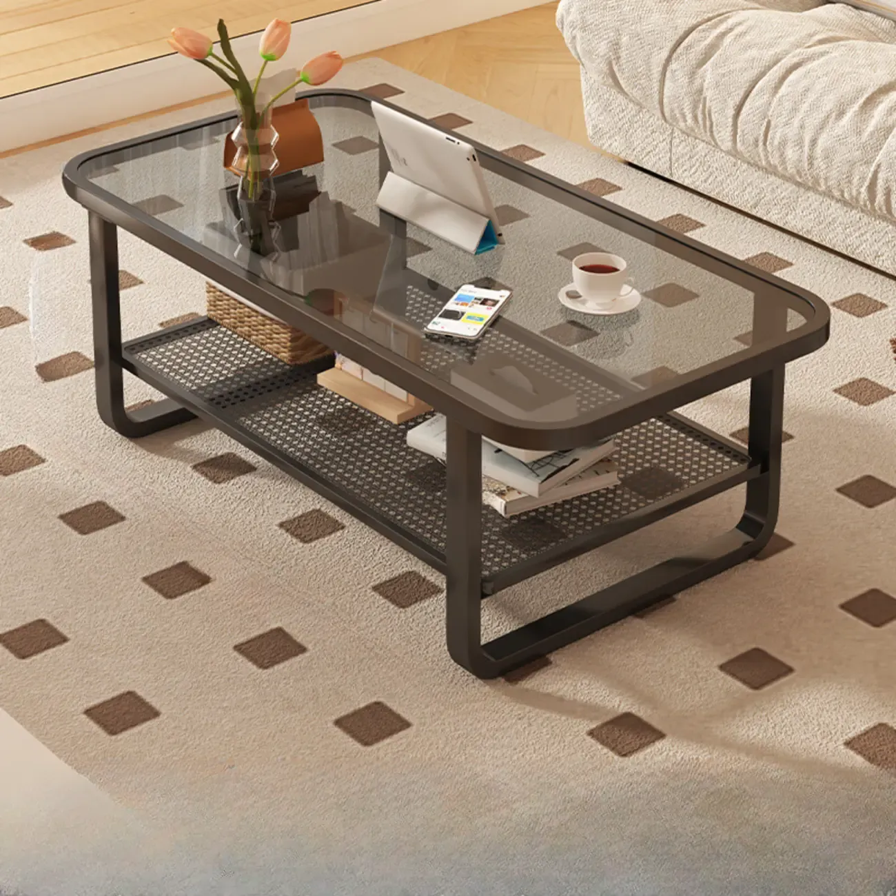 Modern White Rectangle Glass Coffee Table with Shelf Image - 6