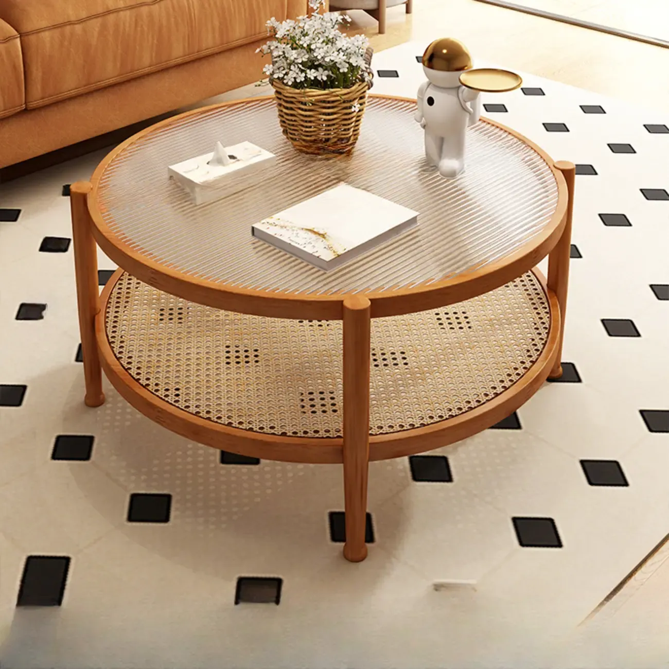 Modern White Rectangle Glass Coffee Table with Shelf Image - 7