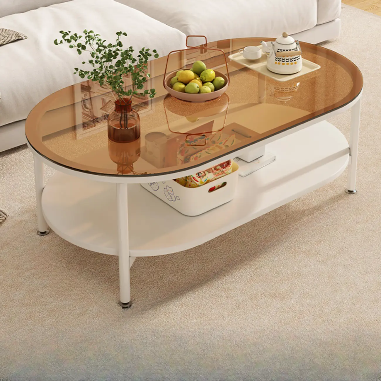 Modern White Rectangle Glass Coffee Table with Shelf Image - 8 | homeyfad
