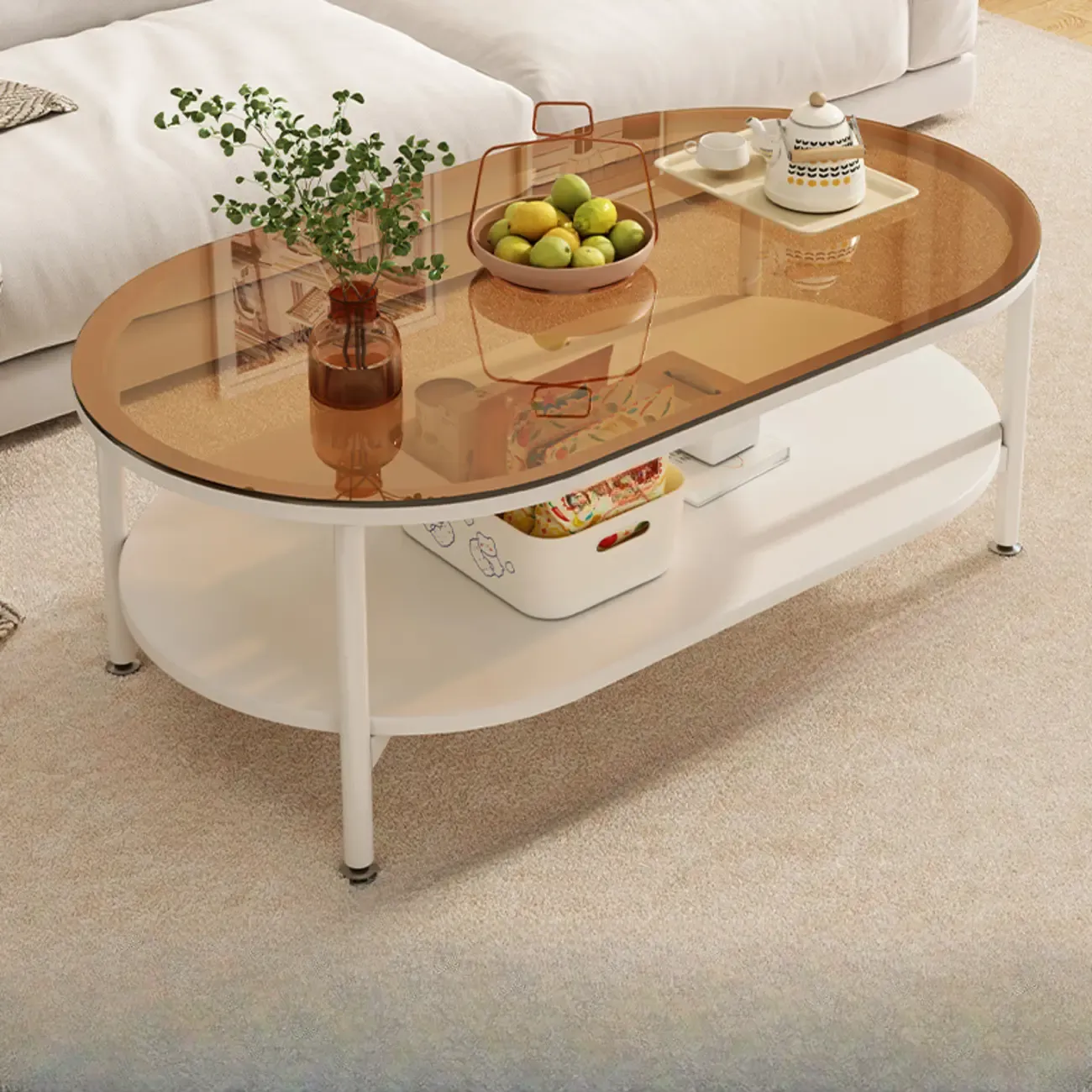 Modern White Rectangle Glass Coffee Table with Shelf Image - 8