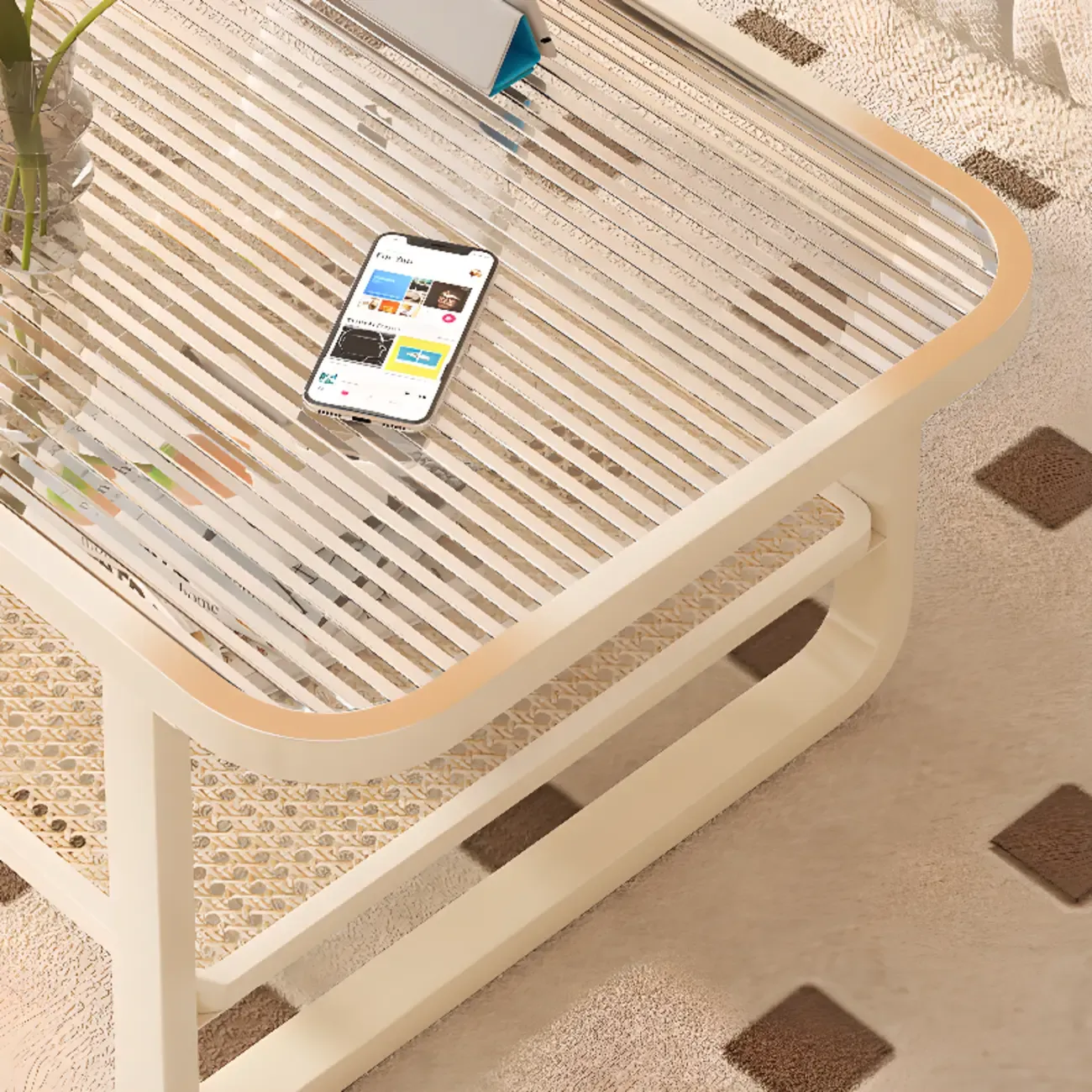 Modern White Rectangle Glass Coffee Table with Shelf Image - 9