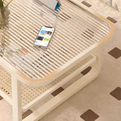 Modern White Rectangle Glass Coffee Table with Shelf Image - 9