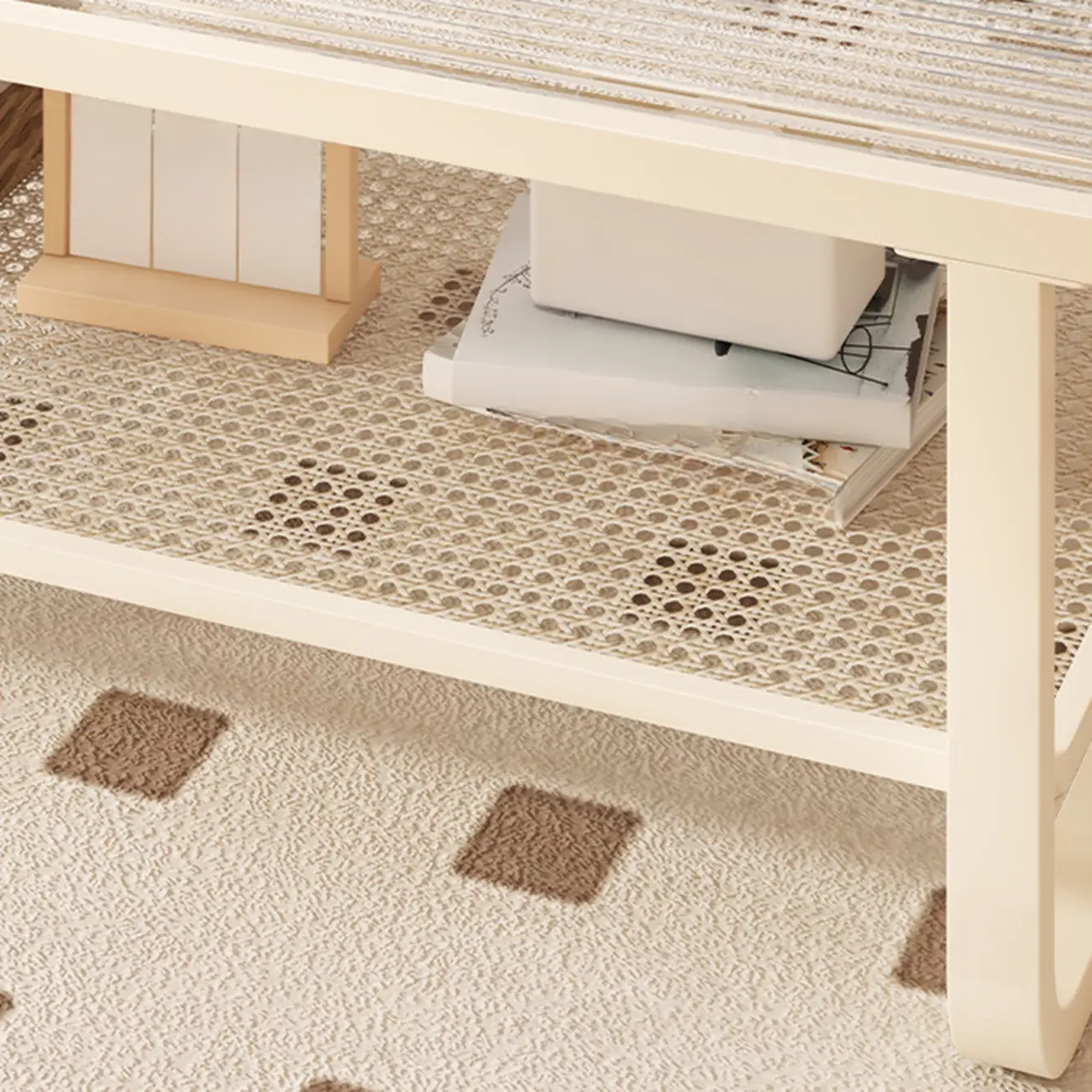 Modern White Rectangle Glass Coffee Table with Shelf Image - 11 | homeyfad