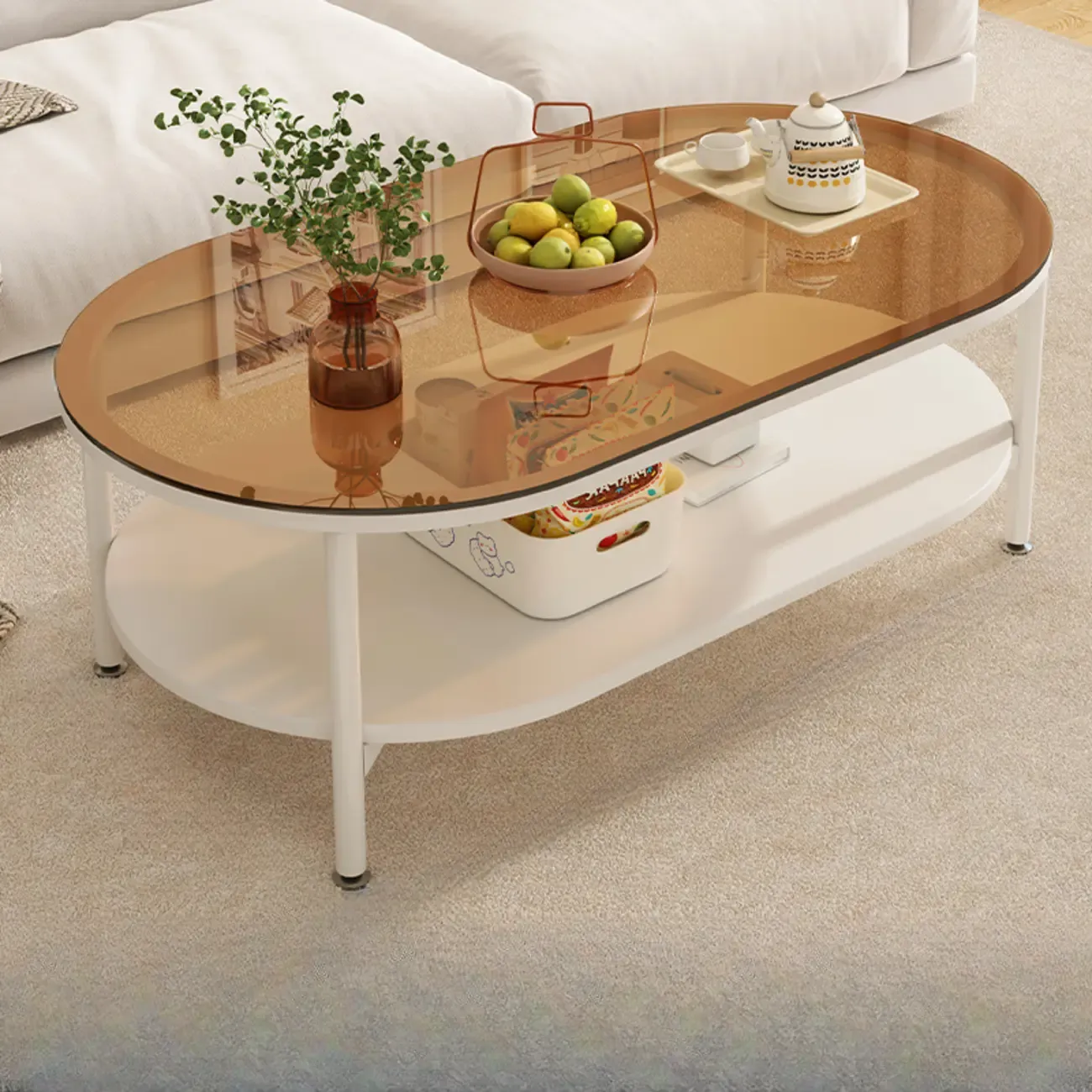 Modern White Rectangle Glass Coffee Table with Shelf Image - 12
