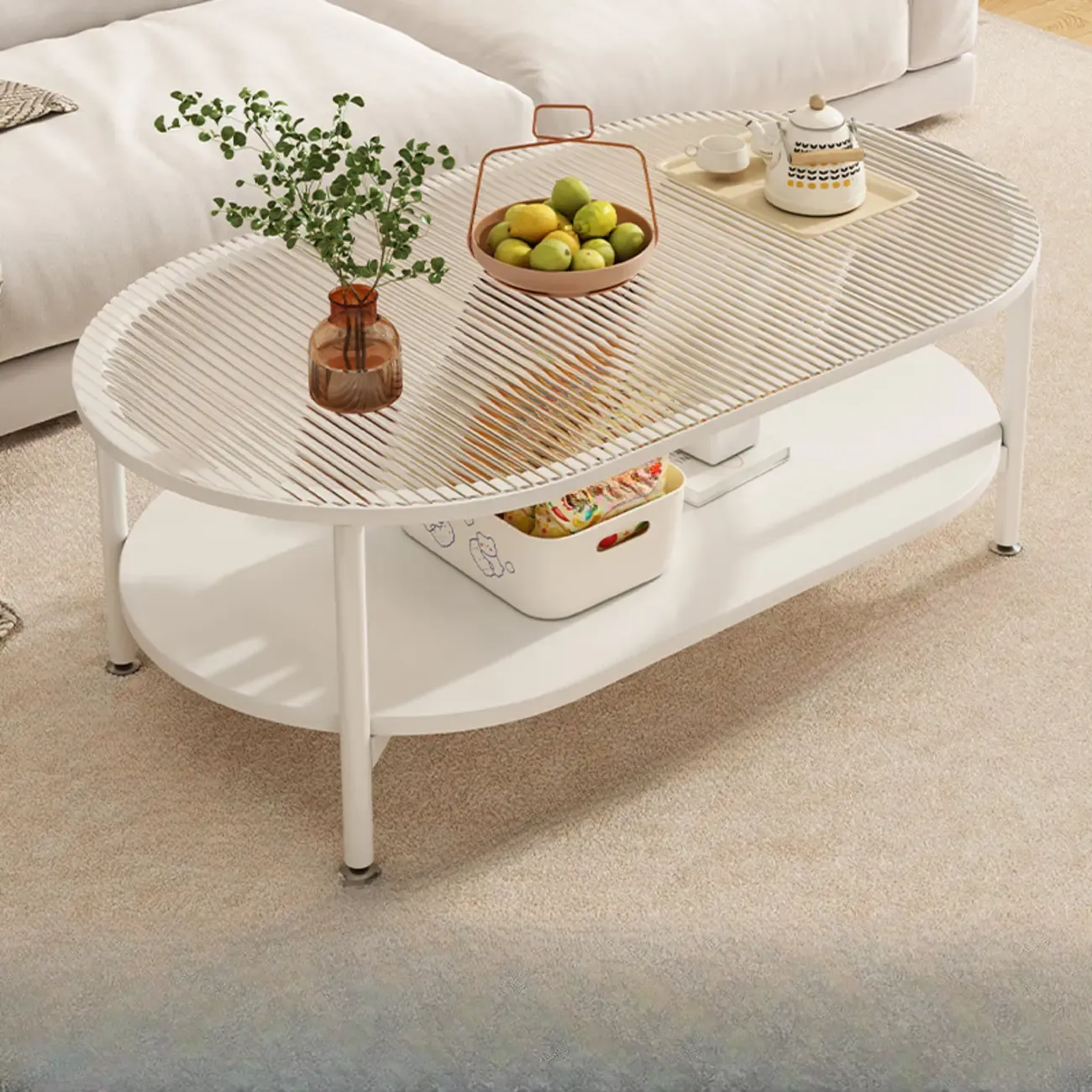 Modern White Rectangle Glass Coffee Table with Shelf Image - 13