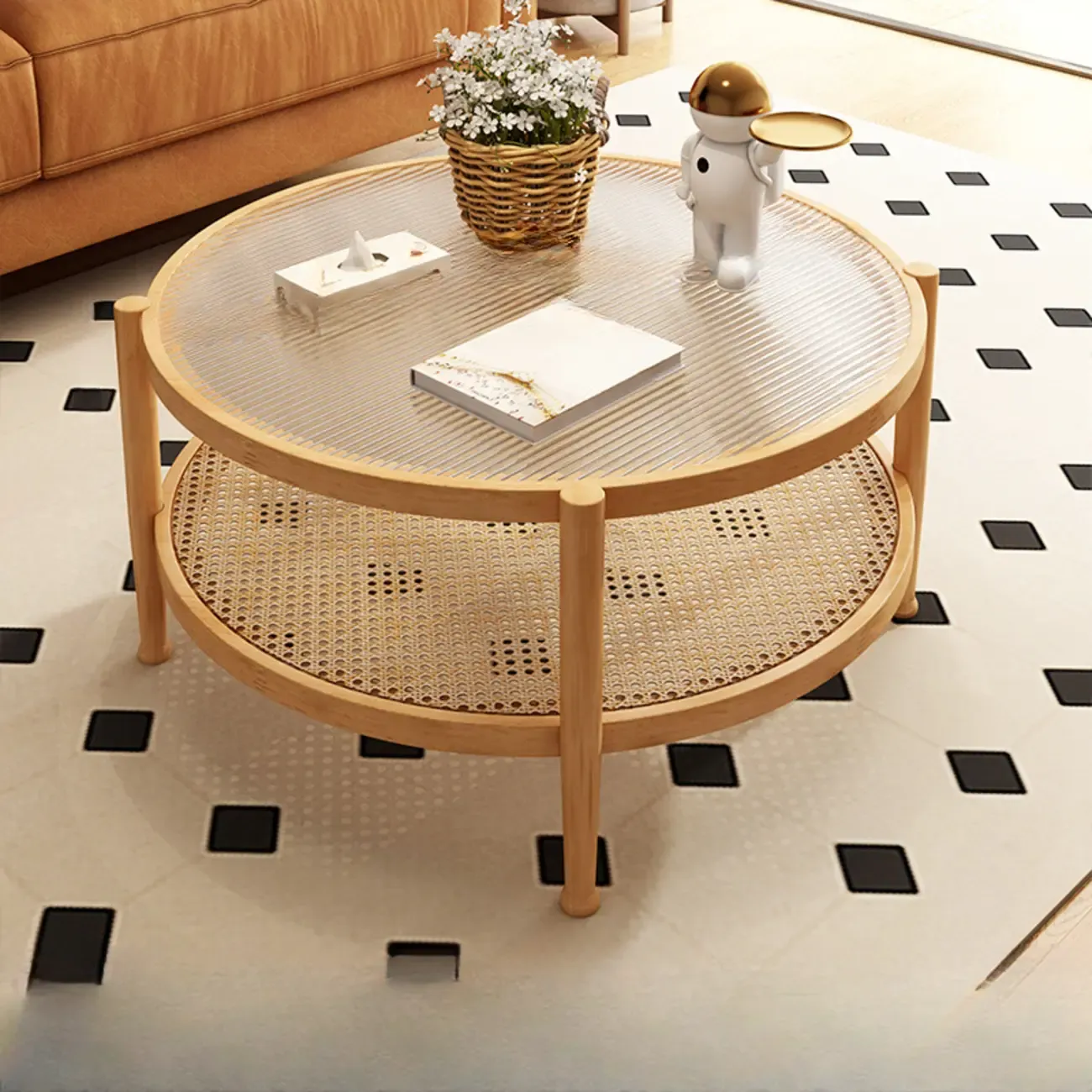 Modern White Rectangle Glass Coffee Table with Shelf Image - 14