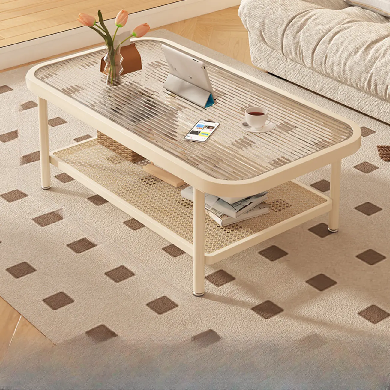 Modern White Rectangle Glass Coffee Table with Shelf Image - 17 | homeyfad