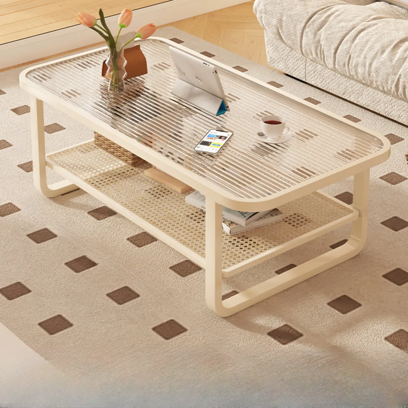 Modern White Rectangle Glass Coffee Table with Shelf Image - 19 | homeyfad