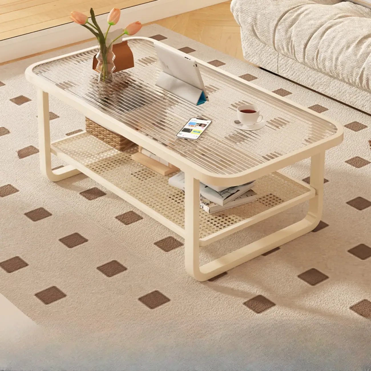 Modern White Rectangle Glass Coffee Table with Shelf Image - 20