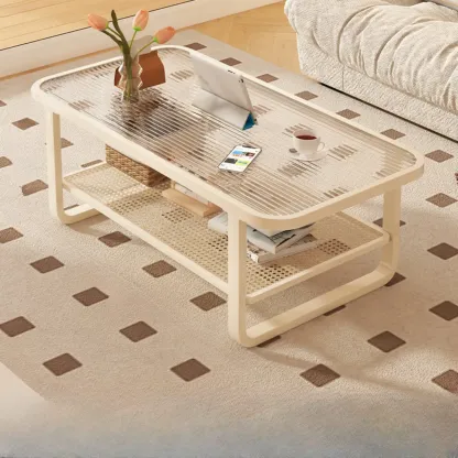Modern White Rectangle Glass Coffee Table with Shelf Image - 20