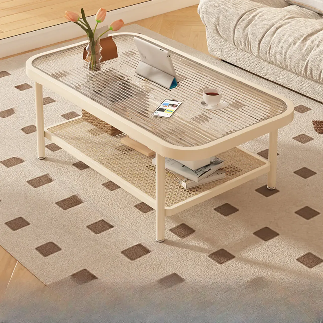 Modern White Rectangle Glass Coffee Table with Shelf Image - 21