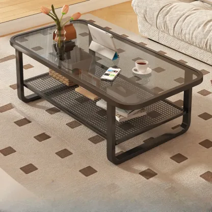 Modern White Rectangle Glass Coffee Table with Shelf Image - 22